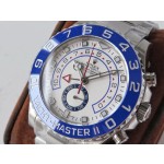 Rolex Yacht-Master series, white dial, blue bezel, silver case, 44mm, silver Oyster bracelet.